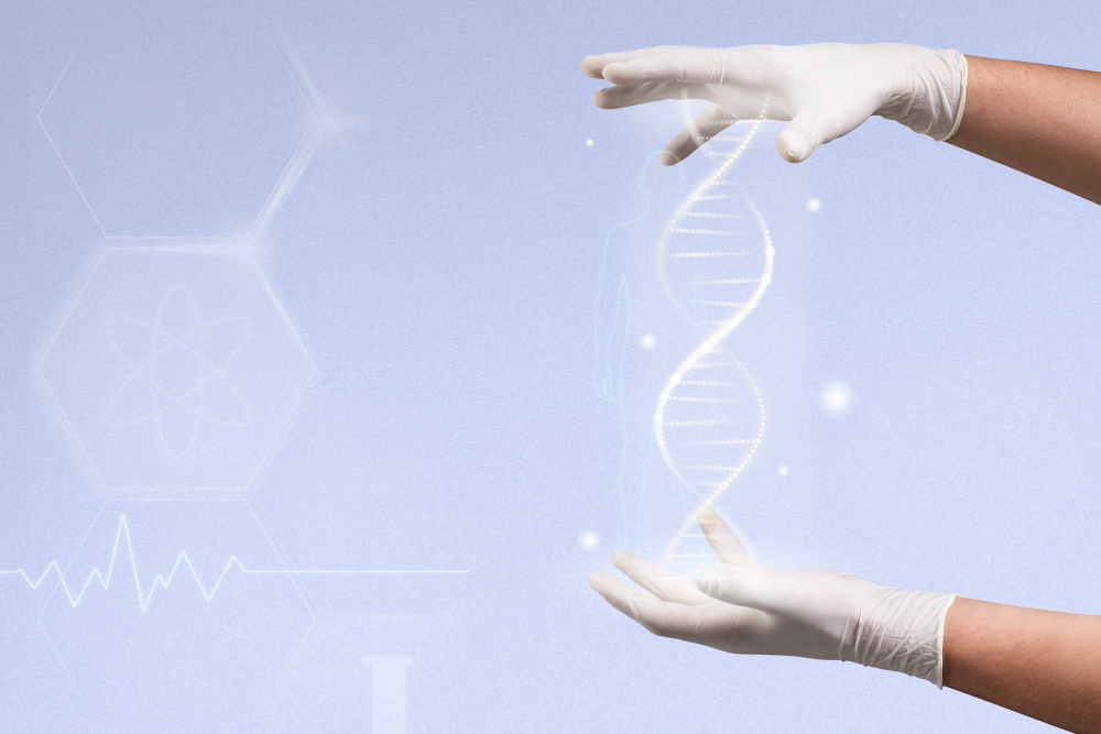 Hands in white gloves holding a glowing digital DNA helix with a faint human outline and medical icons in the background on a light purple backdrop.